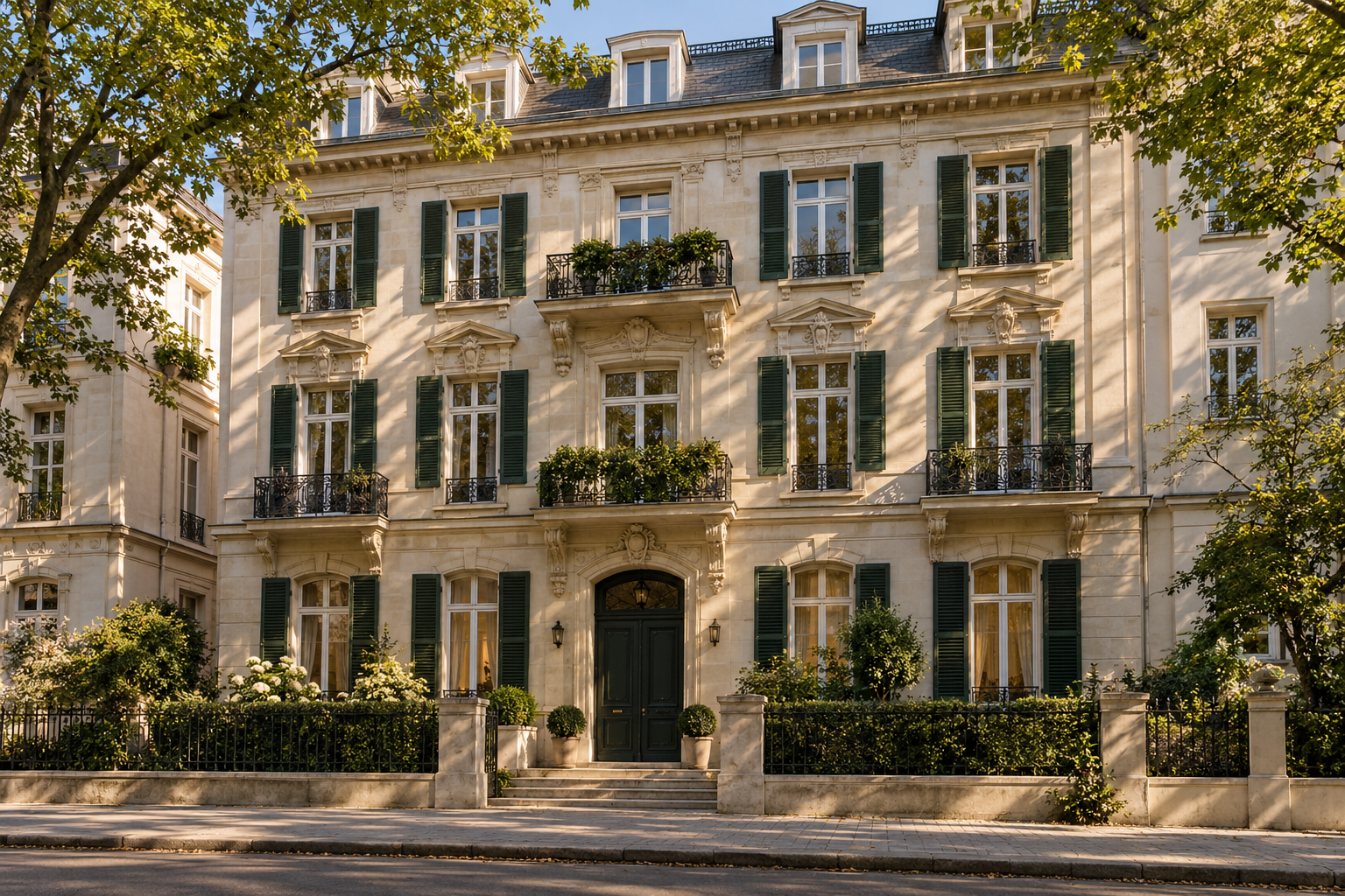 Sonnige Wohnhausfassade mit grünen Fensterläden und Bäumen